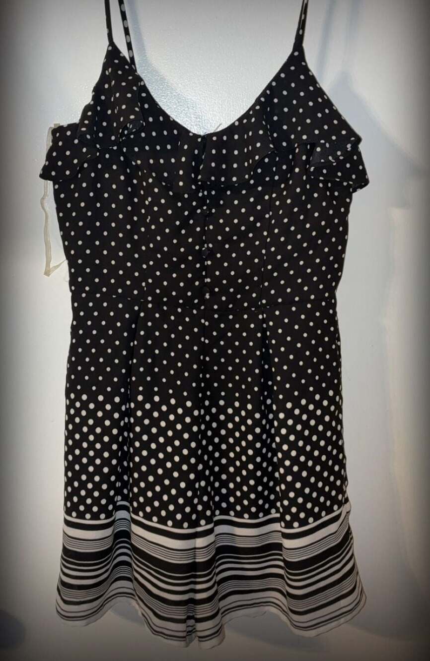 Blue Rain Polka Dot Ruffle Romper with Striped Hem Size XS